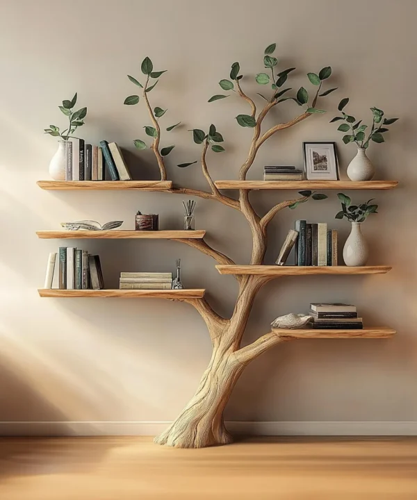 Solid Wood Tree Shaped Wall Mounted Bookshelf With Floating Shelves
