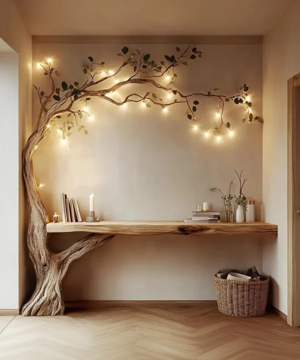 Custom Solid Wood Tree Bookcase With Integrated Rustic Side Table