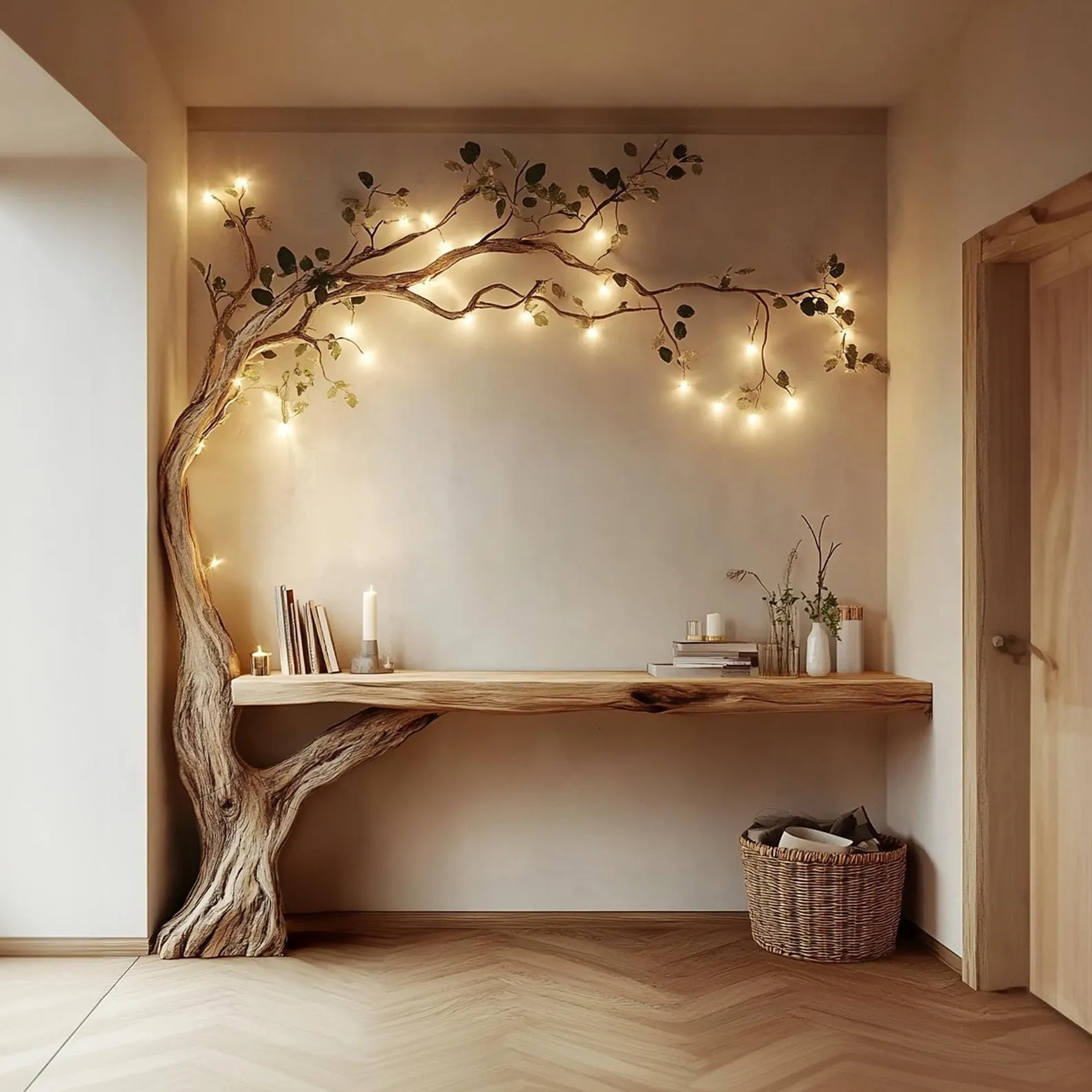 Custom Solid Wood Tree Bookcase With Integrated Rustic Side Table